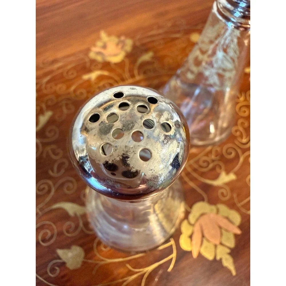 Vintage Silver Overlay Salt‎ & Pepper Shakers, Floral Glass Set